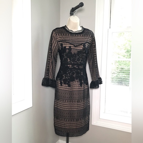 Polagram Anthropologie Black Lace Beige Lining Cocktail Dress ~ Women’s Medium - Picture 7 of 10